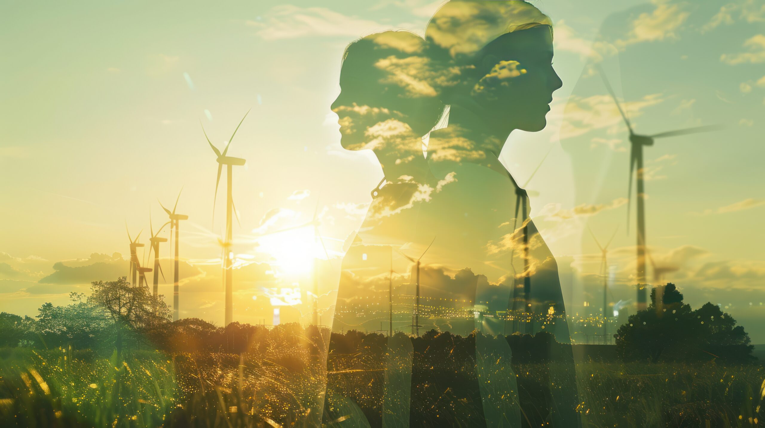 Double exposure graphic of business people working over wind turbine farm and green renewable energy worker interface. Concept of sustainability development by alternative energy. uds first person view realistic daylight --ar 16:9 Job ID: 6ce3719b-ceeb-47f8-9df3-140212ca98b6